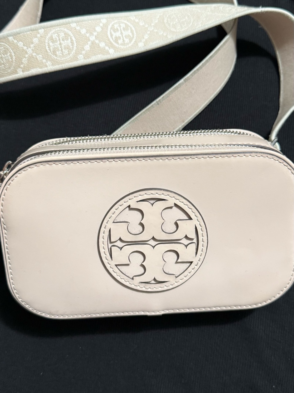 Tory Burch pink Cream Leather Logo Camera Crossbody